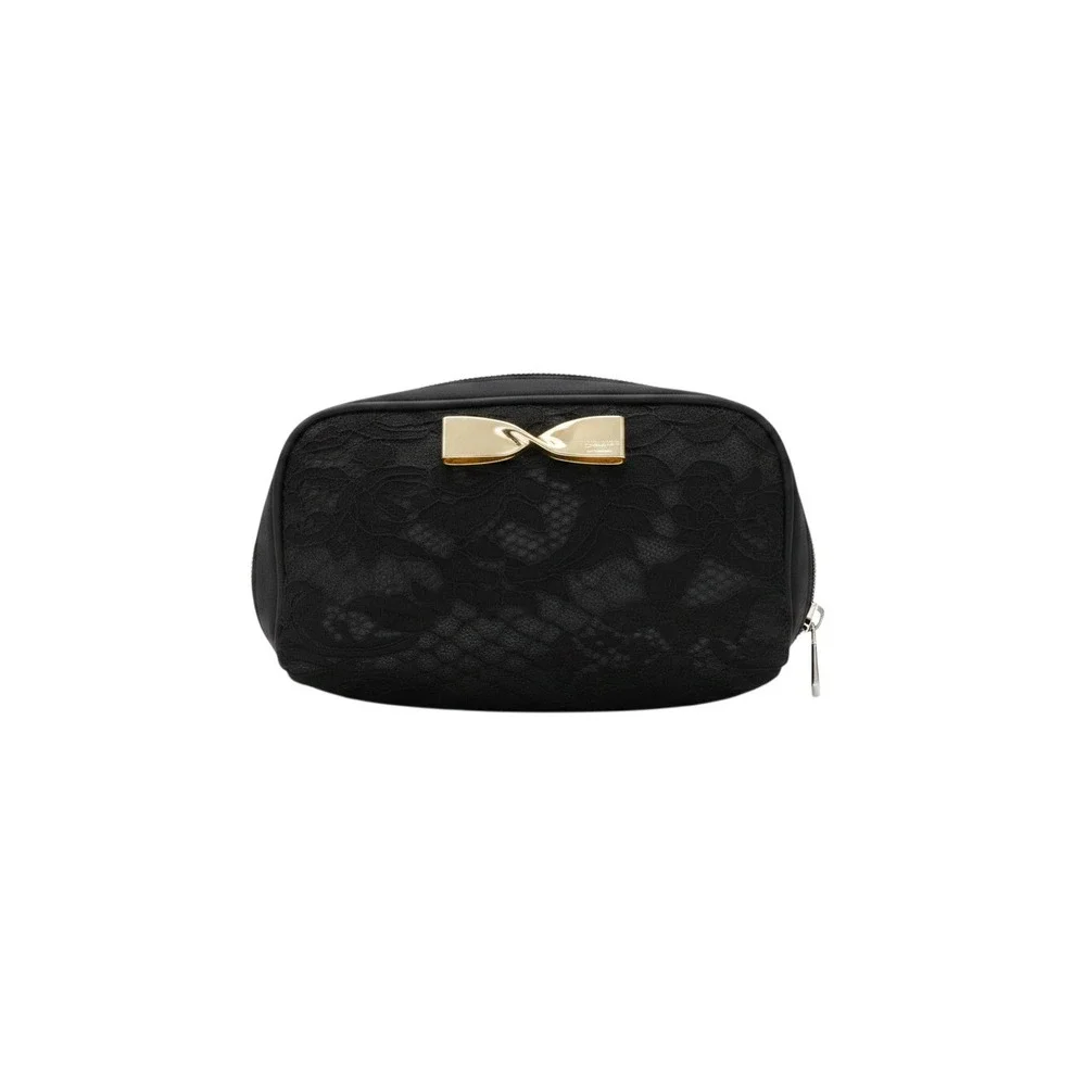 Victoria's Secret Makeup Bag Womens Small Black Excellent Lace Gold Bow Zip